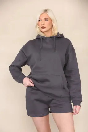 Oversized Pullover Hoodie and Short Loungewear Set Charcoal Grey