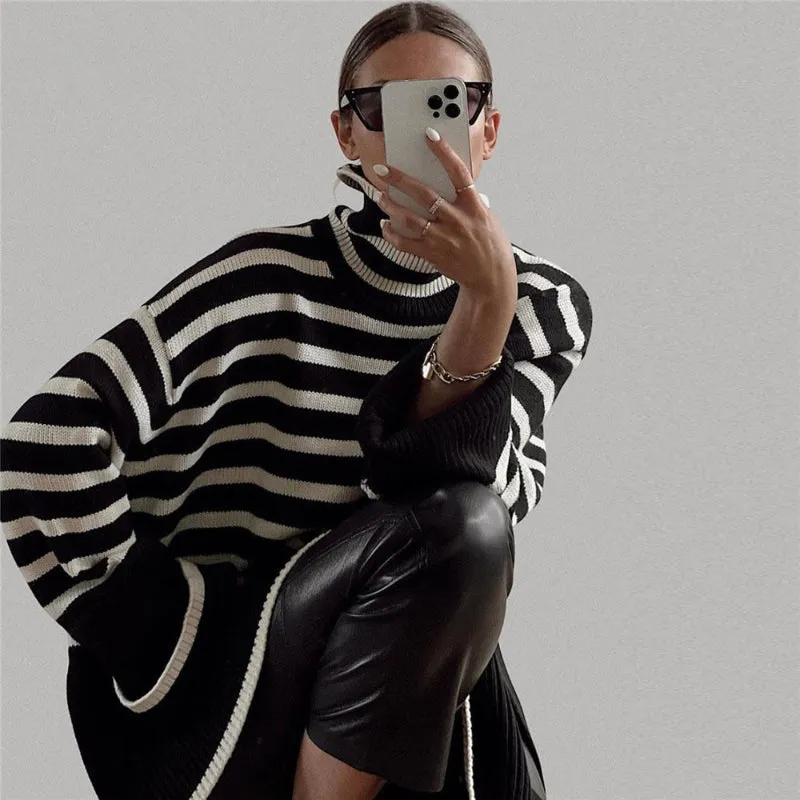 Oversized Streetwear Stripe Turtleneck Pullover Sweaters