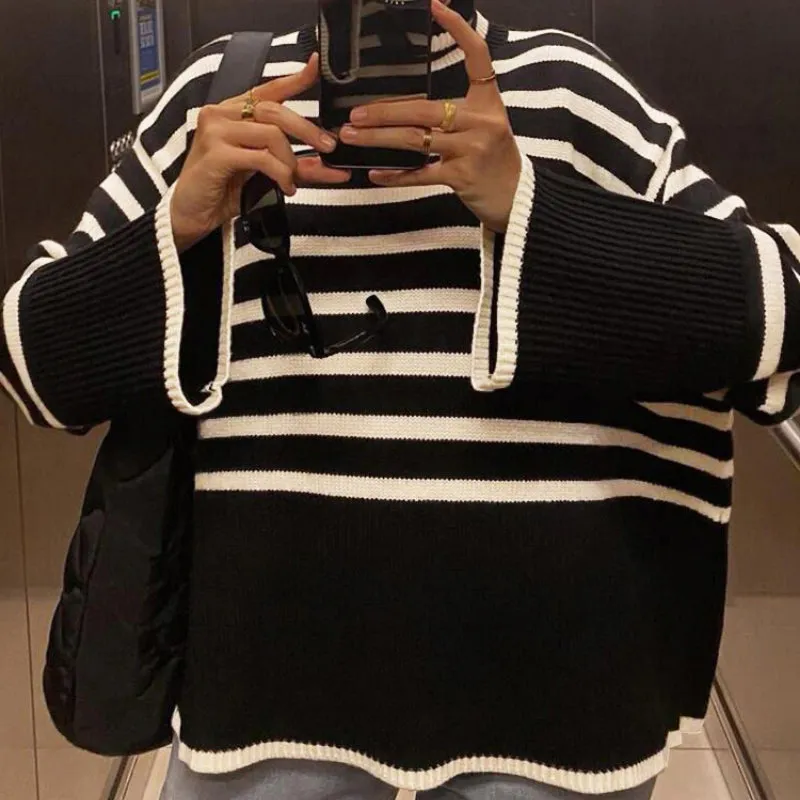 Oversized Streetwear Stripe Turtleneck Pullover Sweaters