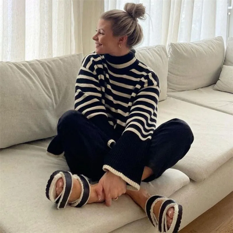 Oversized Streetwear Stripe Turtleneck Pullover Sweaters