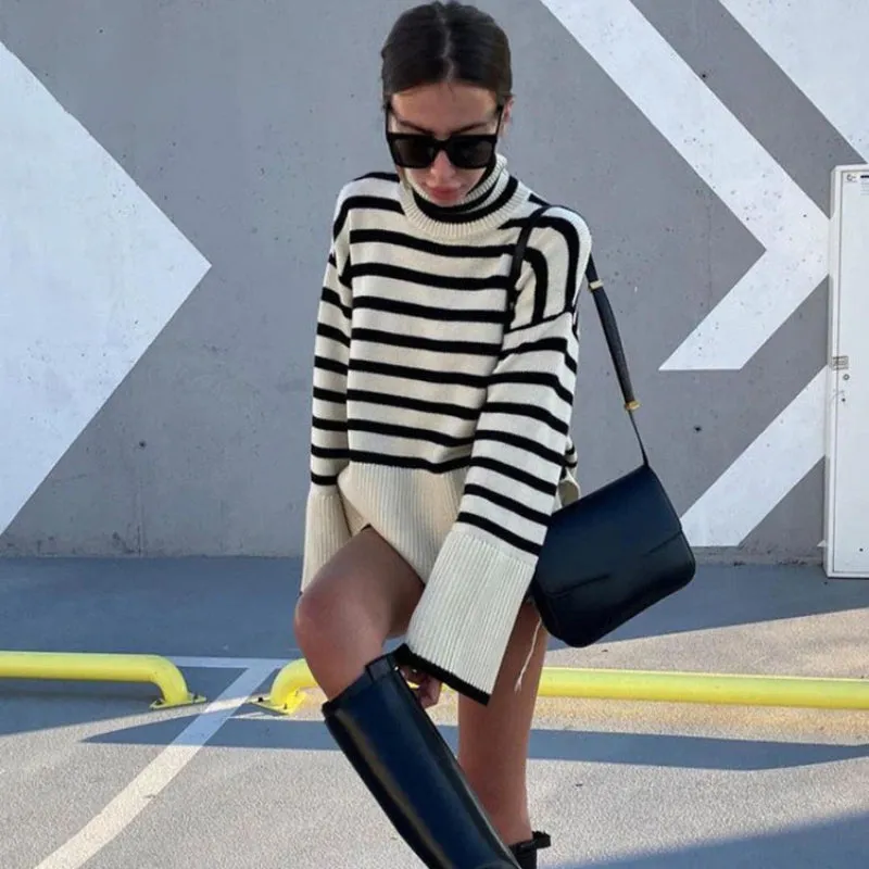 Oversized Streetwear Stripe Turtleneck Pullover Sweaters