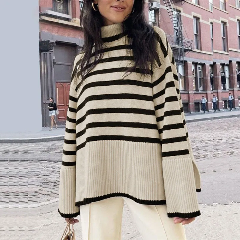 Oversized Streetwear Stripe Turtleneck Pullover Sweaters