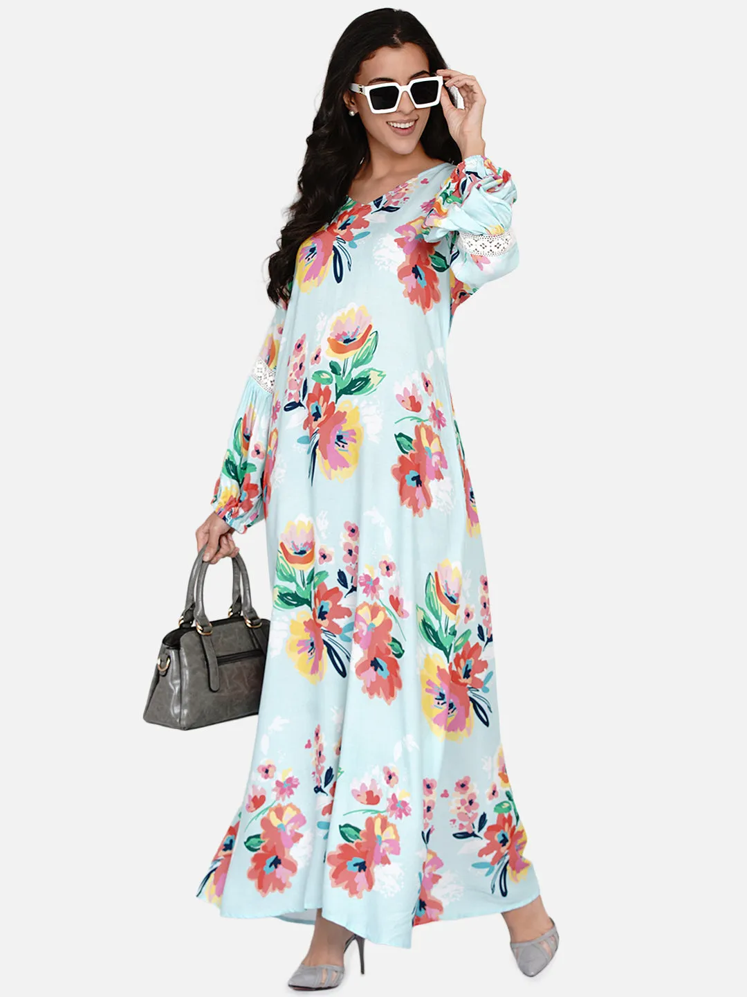 Pastel Blue Painterly Floral Maxi Dress (Final Sale)