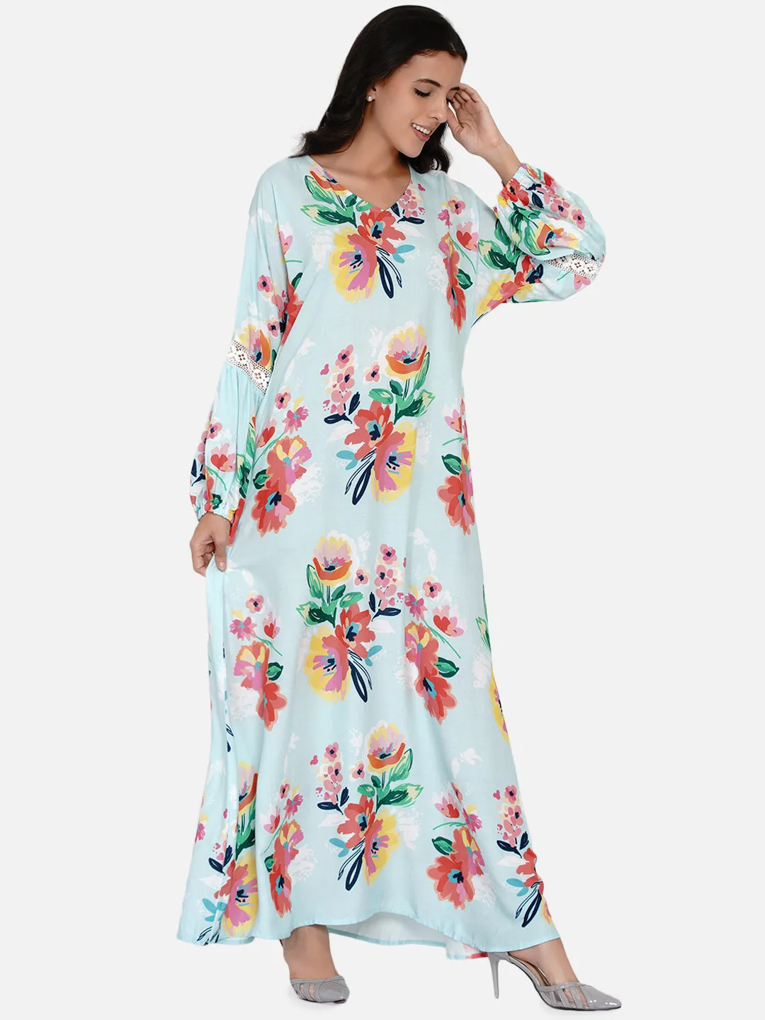 Pastel Blue Painterly Floral Maxi Dress (Final Sale)