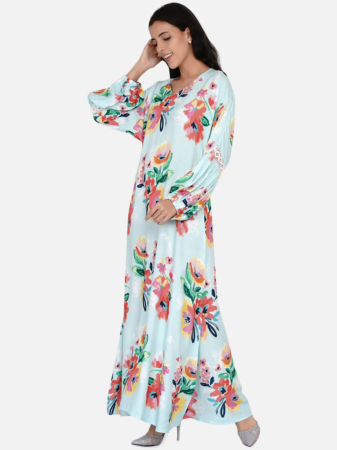 Pastel Blue Painterly Floral Maxi Dress (Final Sale)