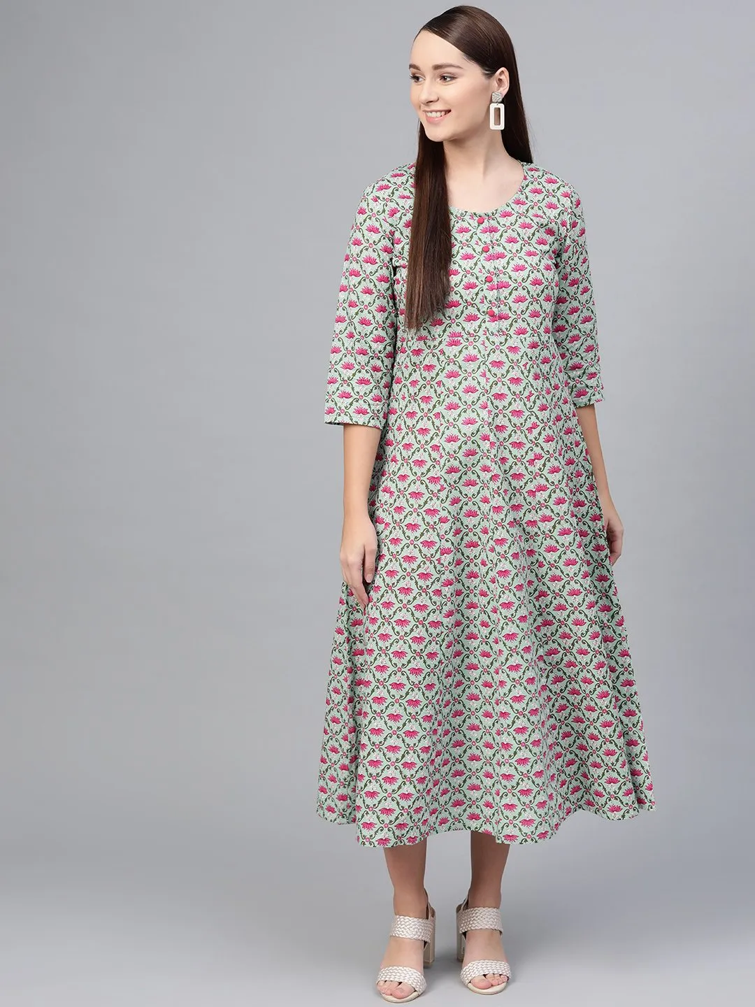 Pastel Green & Megenta Floral Printed Maxi With Boat Neck & 3/4 Sleeves