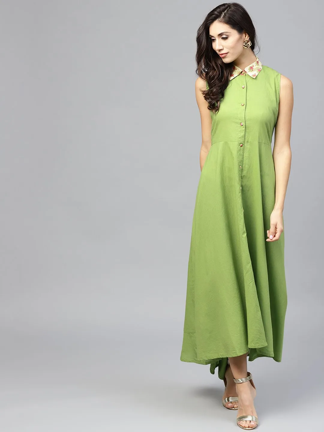 Pastel Green Maxi Dress With Detached Floral Jacket And Shirt Collar