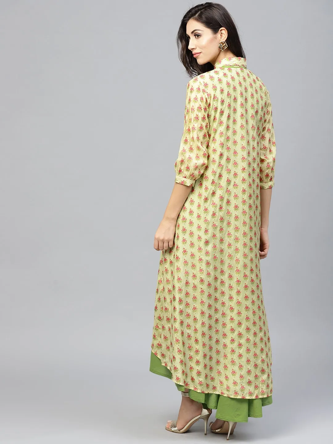 Pastel Green Maxi Dress With Detached Floral Jacket And Shirt Collar