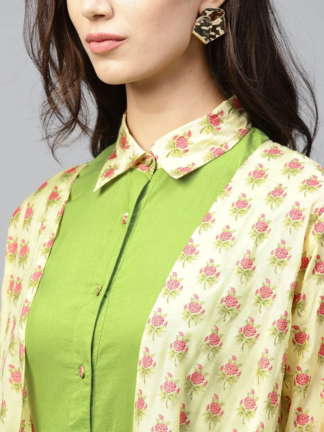 Pastel Green Maxi Dress With Detached Floral Jacket And Shirt Collar