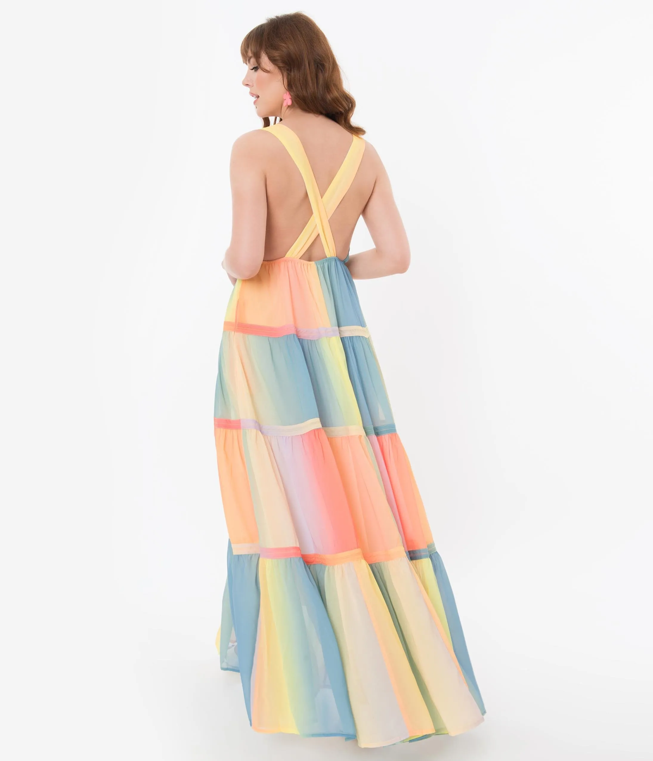 Pastel Ombre Rainbow Tiered Maxi Dress