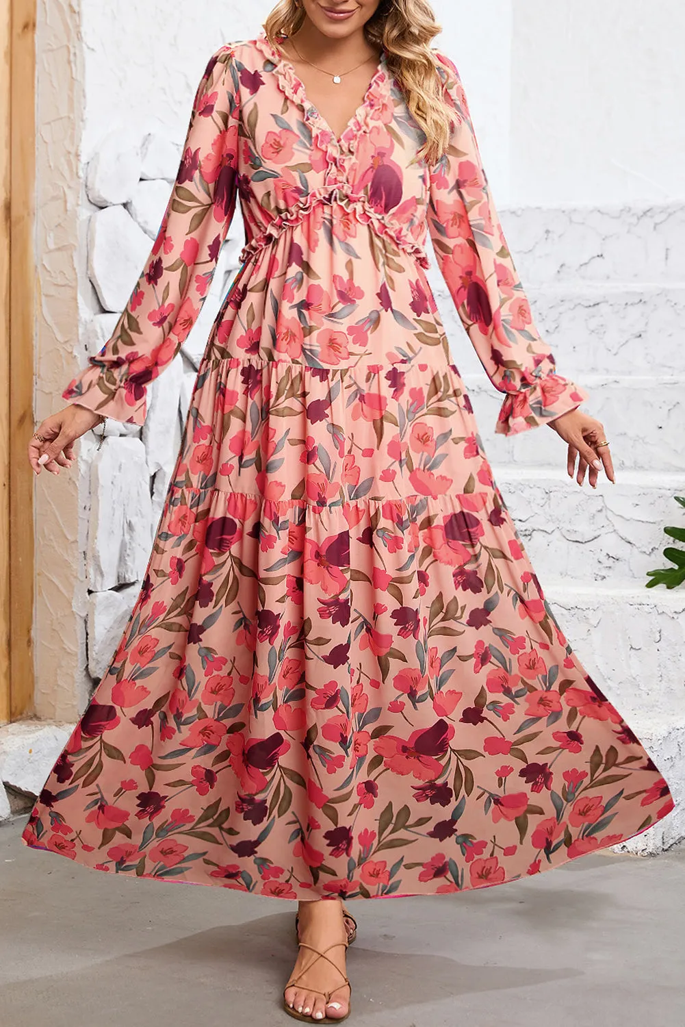 Pastel Red Floral Print Ruffle Trim Plunge Neckline Maxi Dress