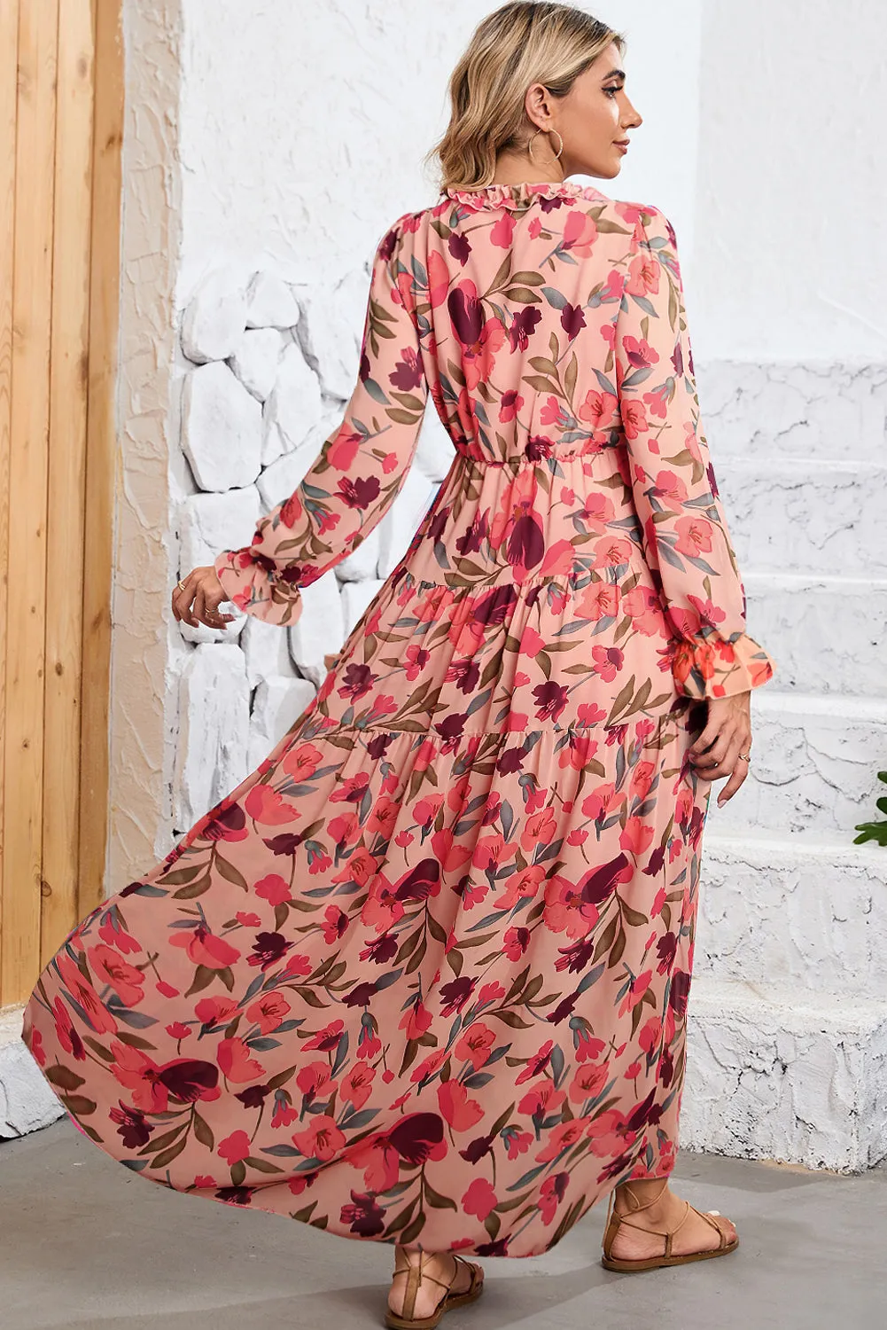 Pastel Red Floral Print Ruffle Trim Plunge Neckline Maxi Dress