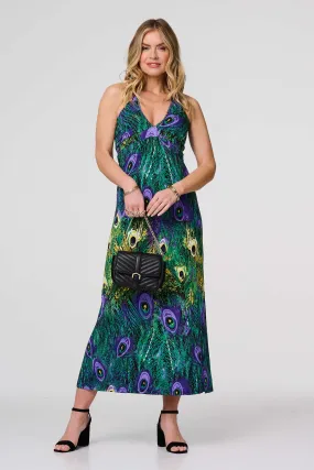 Peacock Print Halterneck Maxi Dress