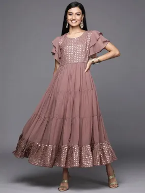 Pink Embellished Georgette Fit and Flare Dress