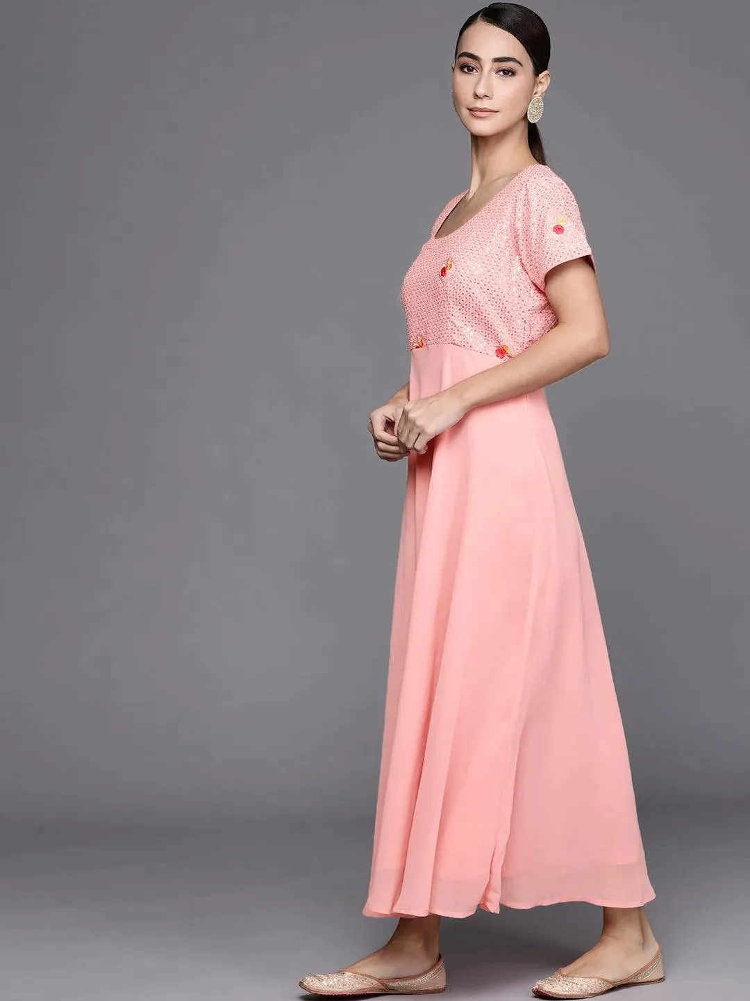 Pink Embroidered Georgette Dress With Dupatta