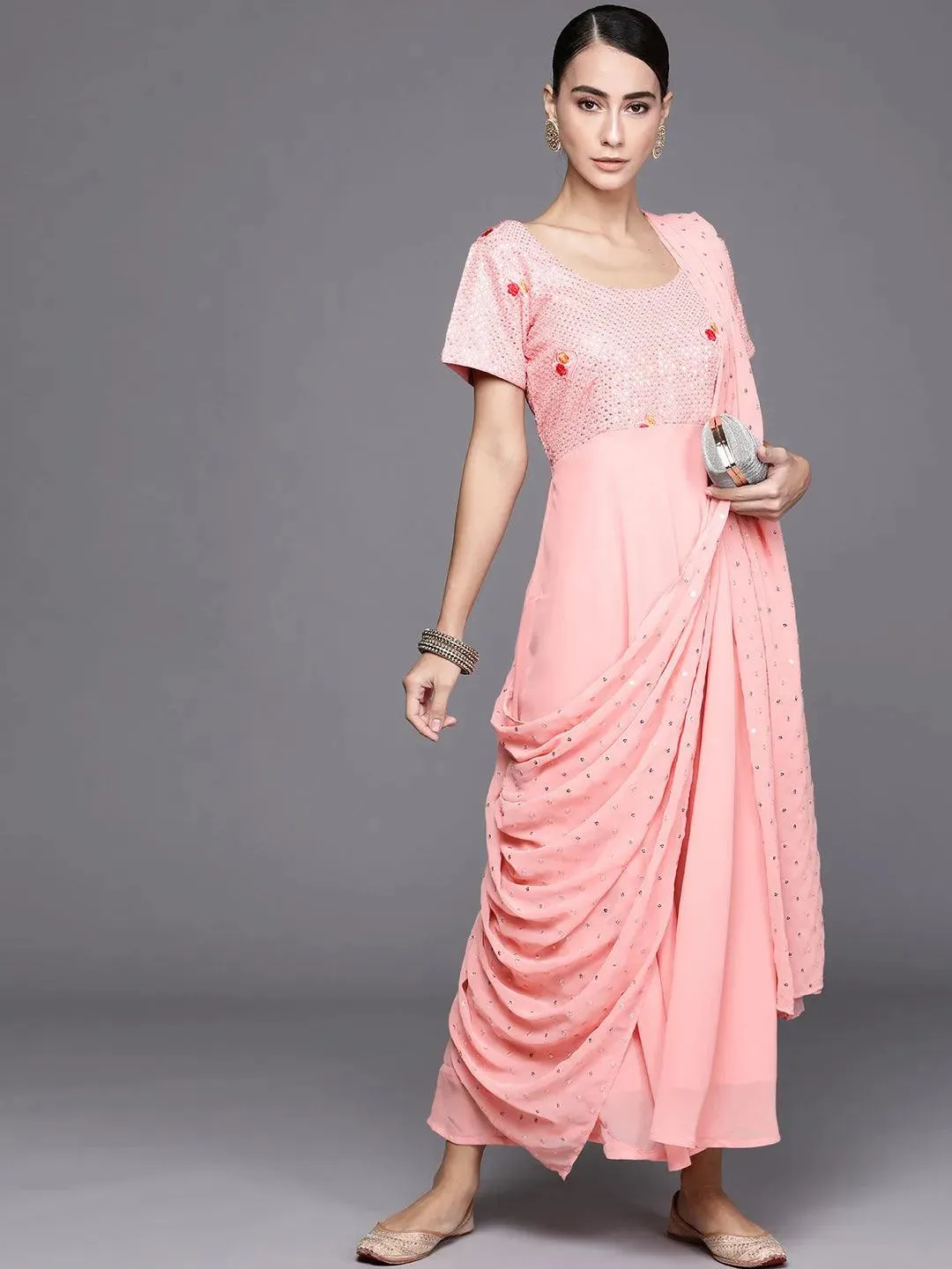 Pink Embroidered Georgette Dress With Dupatta