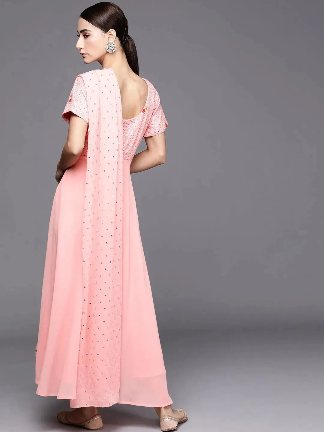 Pink Embroidered Georgette Dress With Dupatta