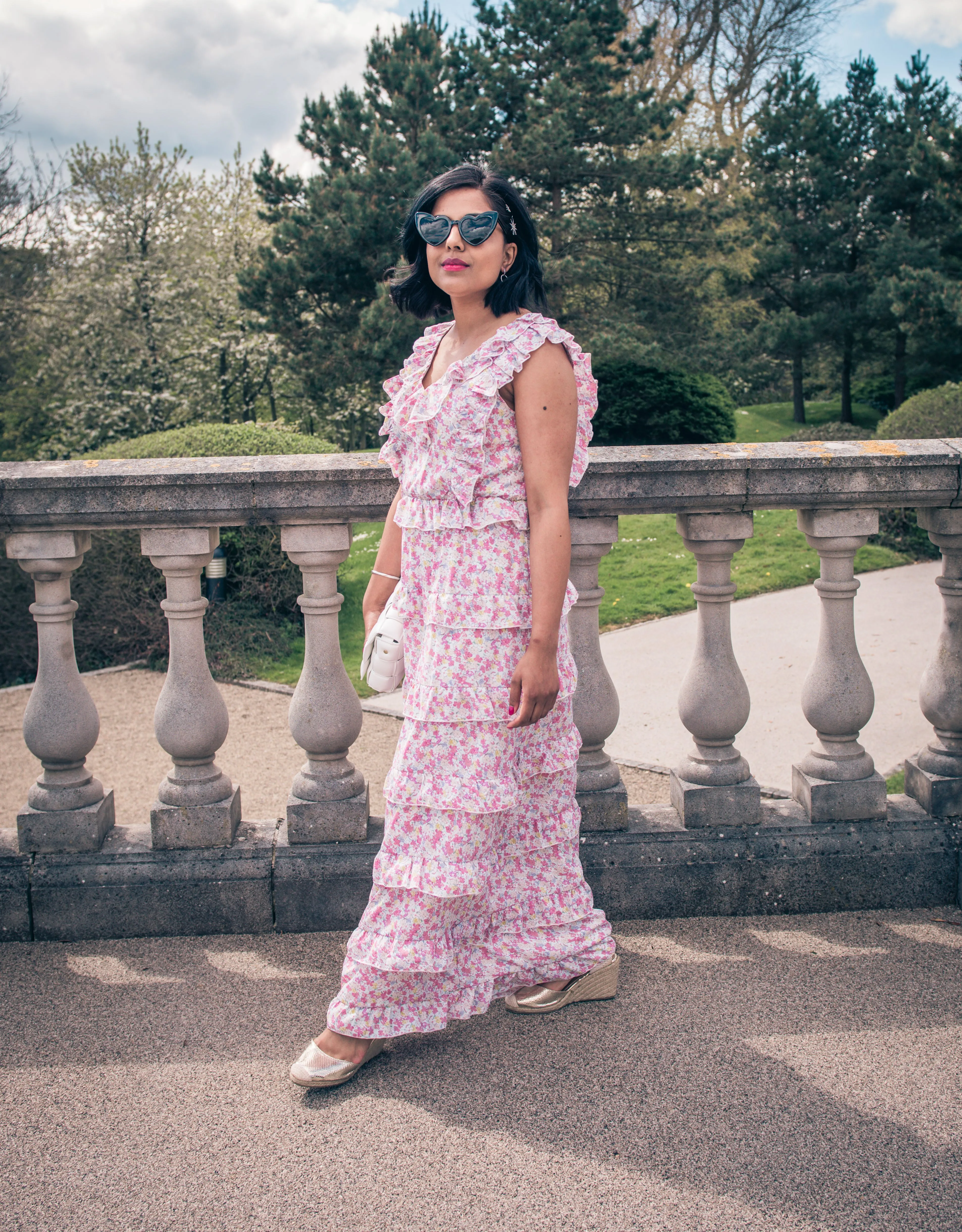 Pink Floral Print Tiered Maxi Dress