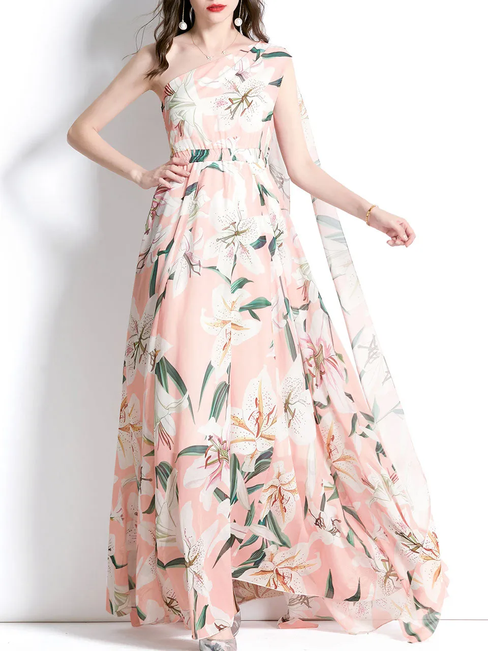 Pink One Shoulder Rose Floral Print Boho Dress Maxi Dress