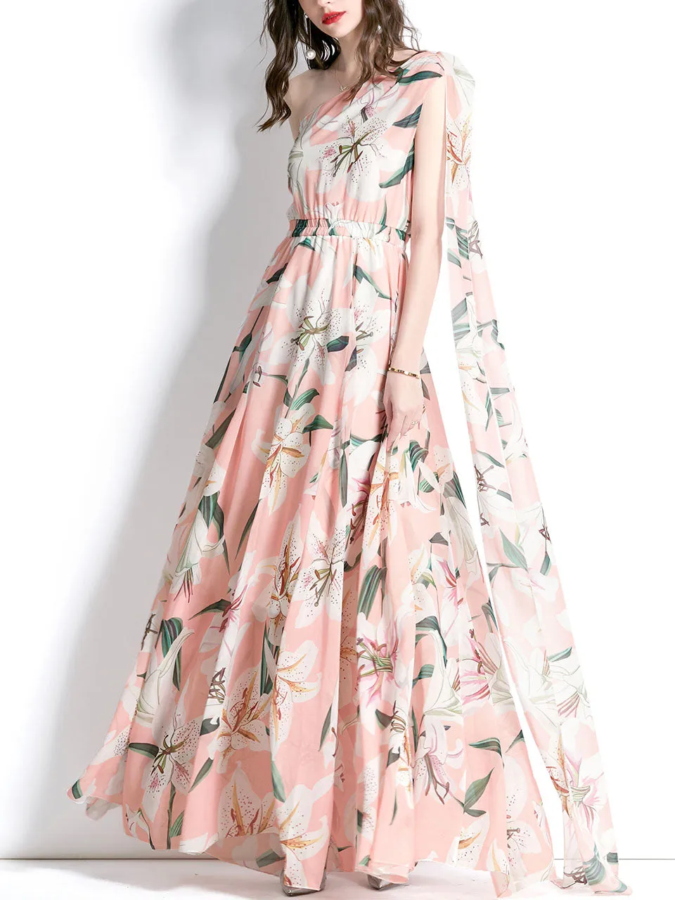 Pink One Shoulder Rose Floral Print Boho Dress Maxi Dress