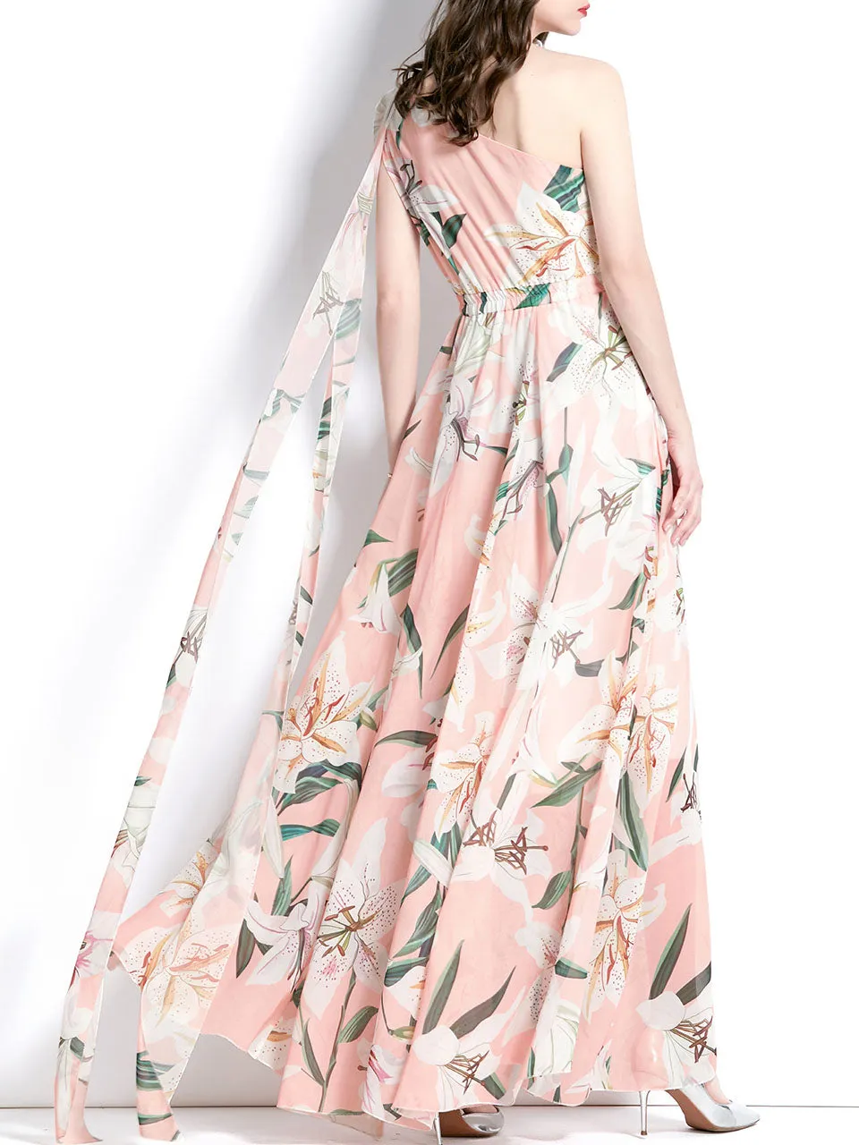 Pink One Shoulder Rose Floral Print Boho Dress Maxi Dress