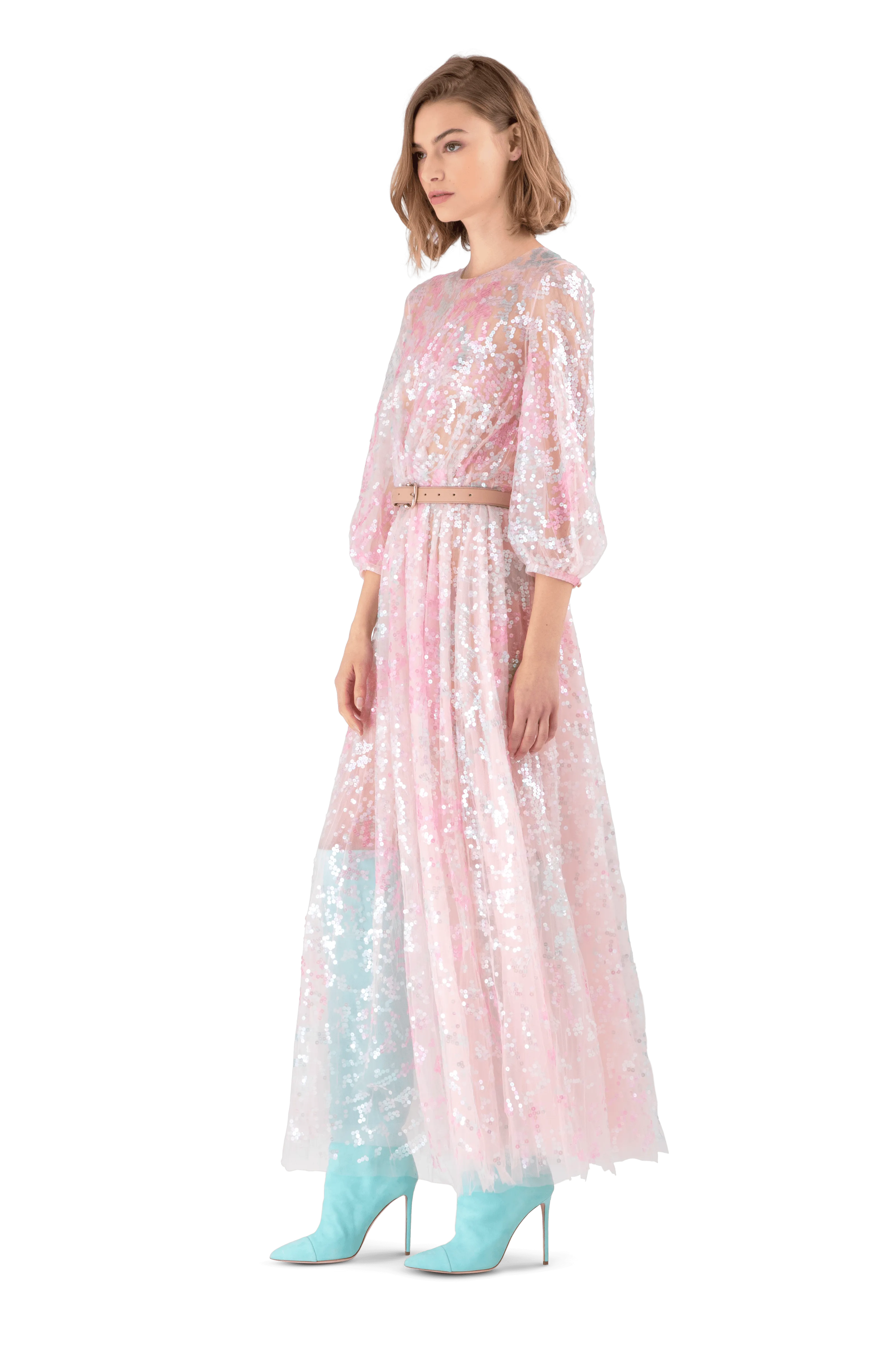 Pink Tie-Dye Tulle Sequin Maxi Dress