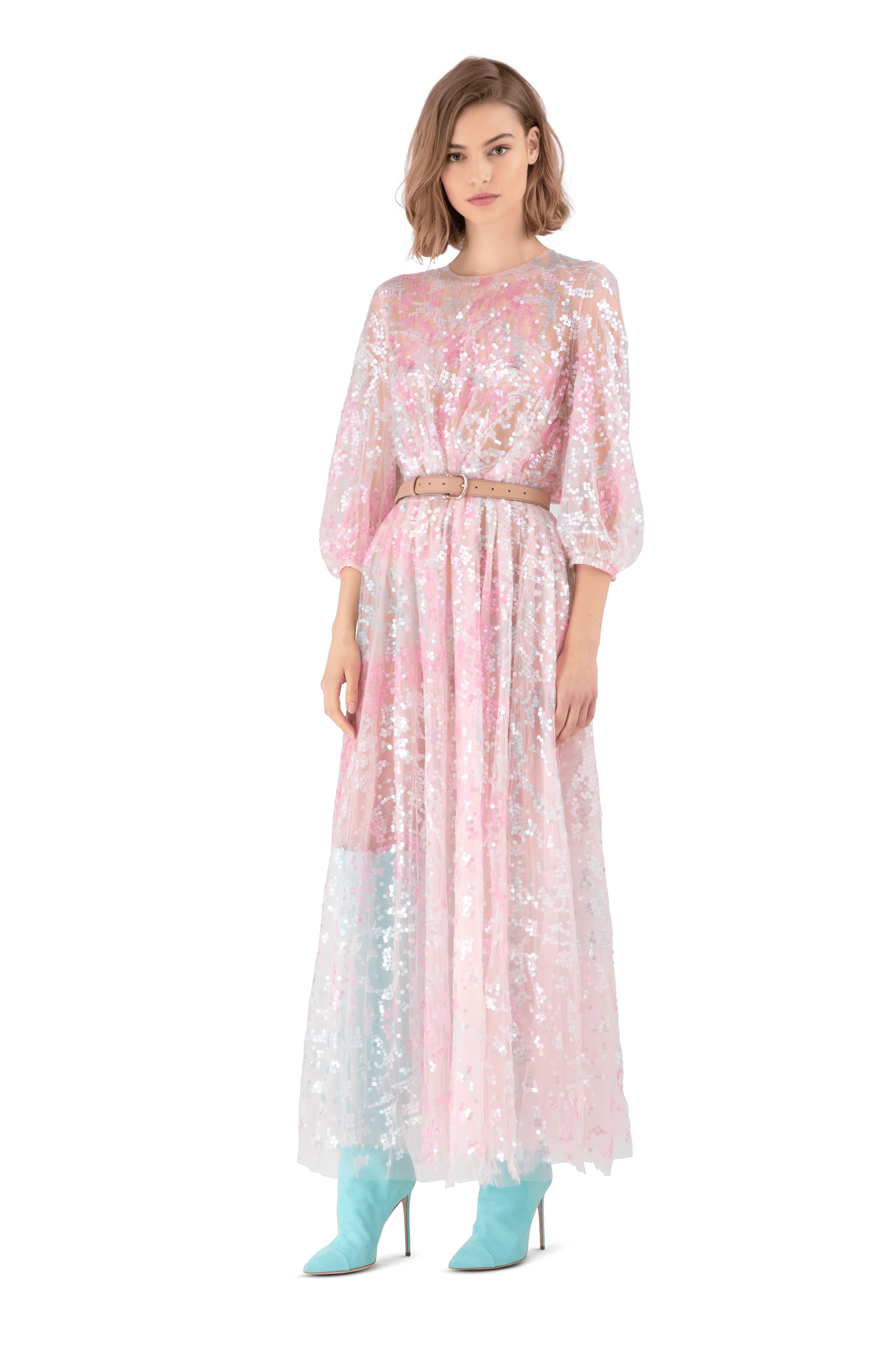 Pink Tie-Dye Tulle Sequin Maxi Dress