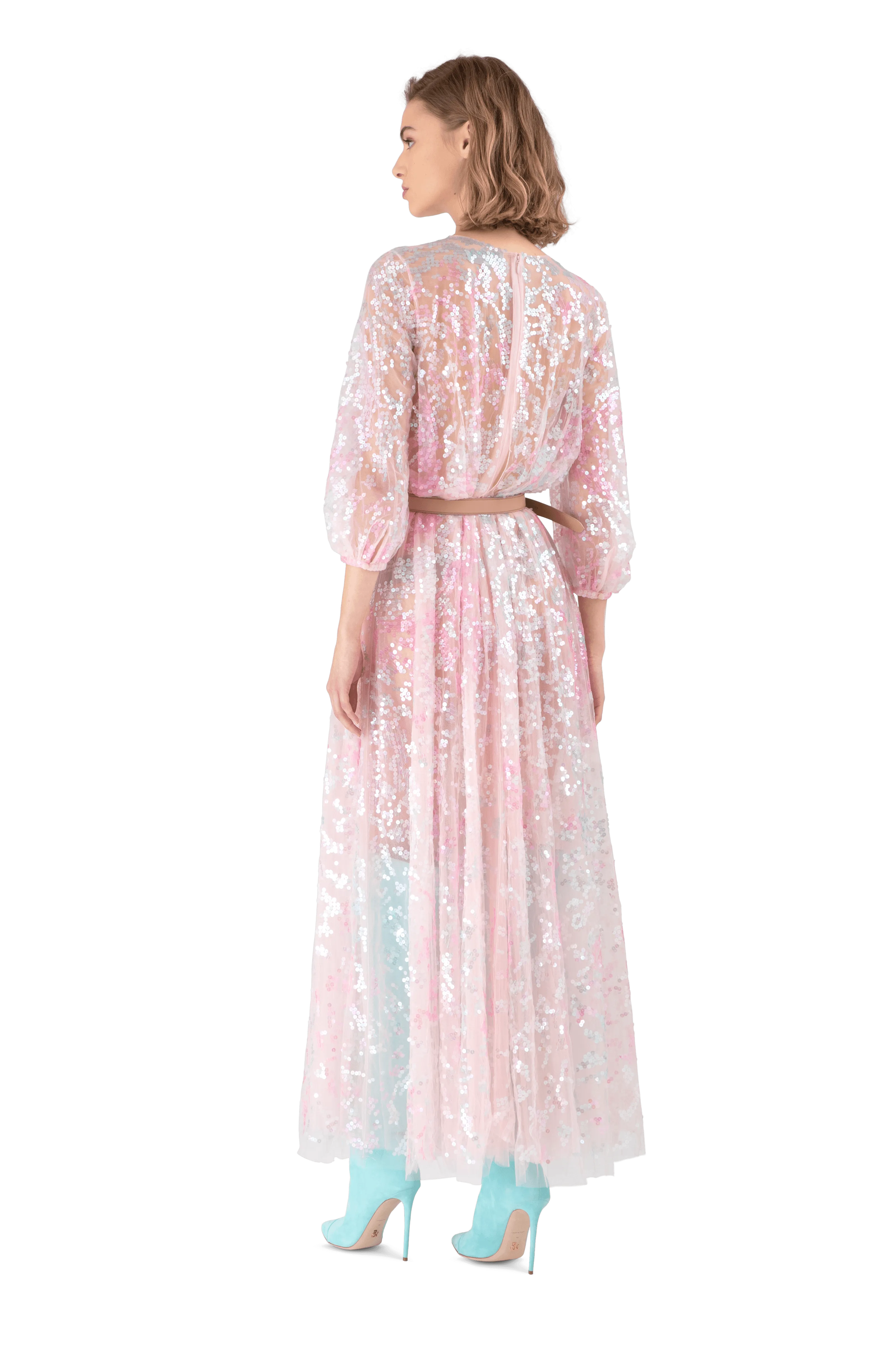 Pink Tie-Dye Tulle Sequin Maxi Dress