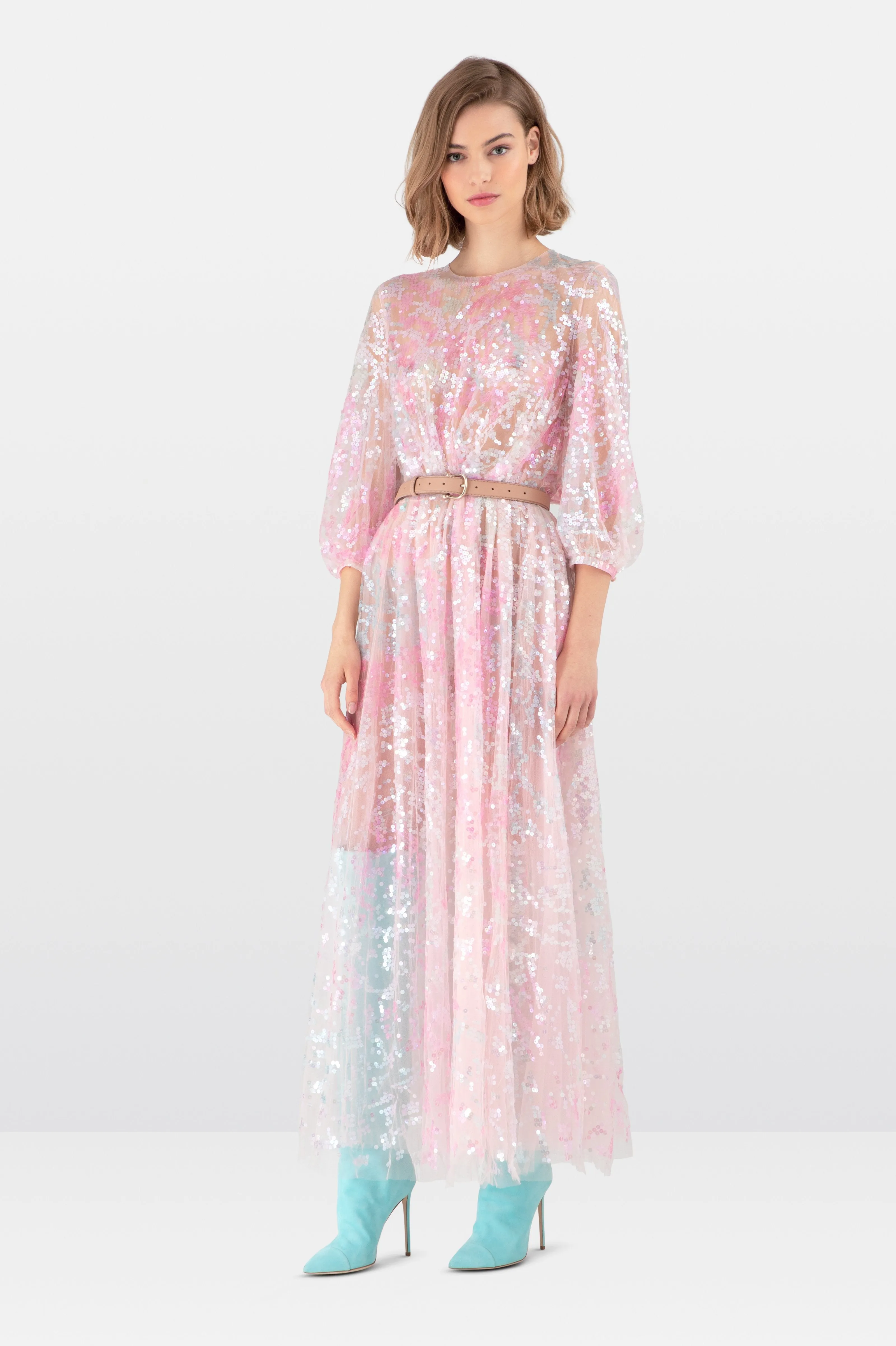 Pink Tie-Dye Tulle Sequin Maxi Dress