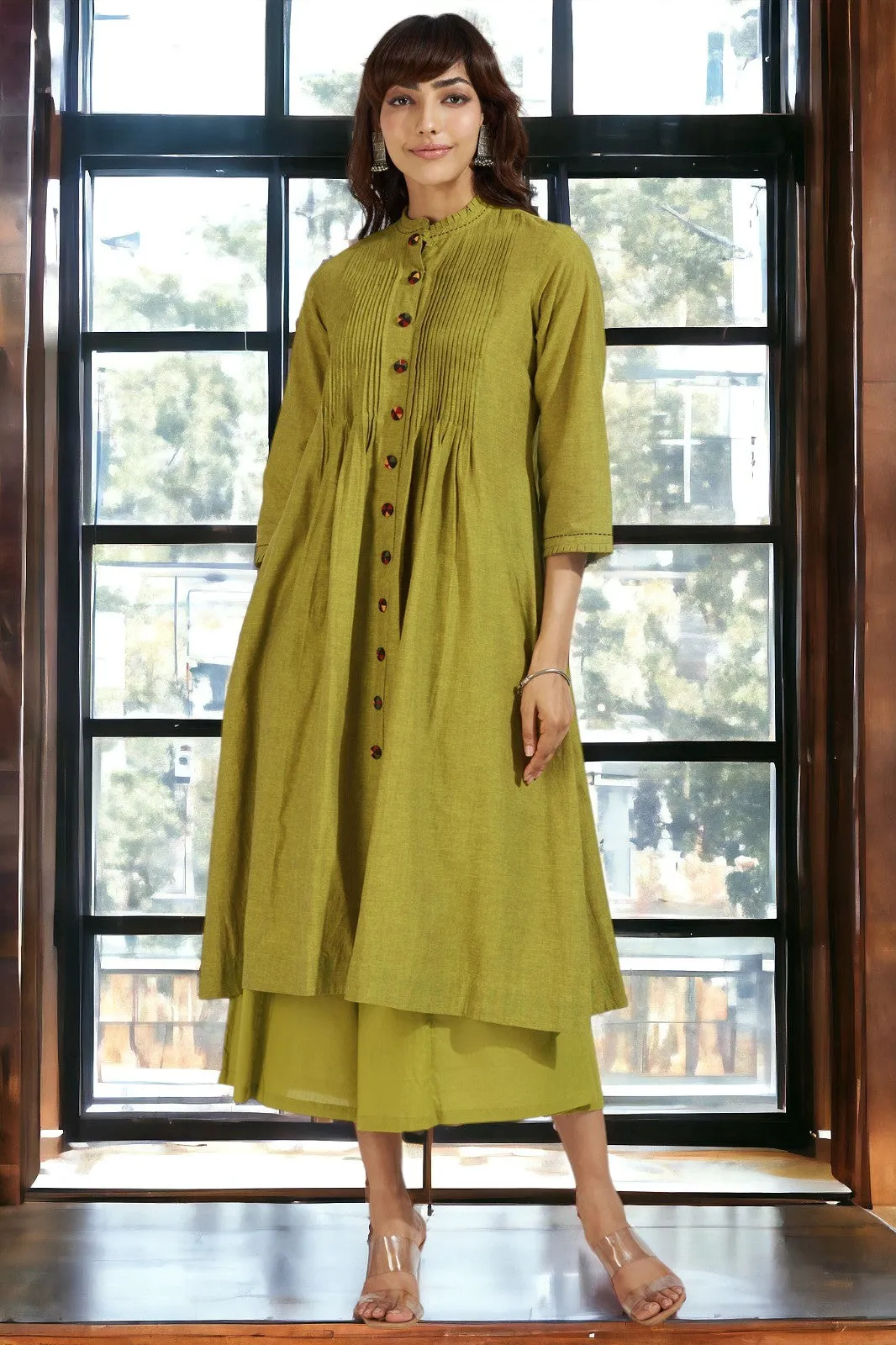 pleated neck pintuck dress - lime zest & chartreuse summer