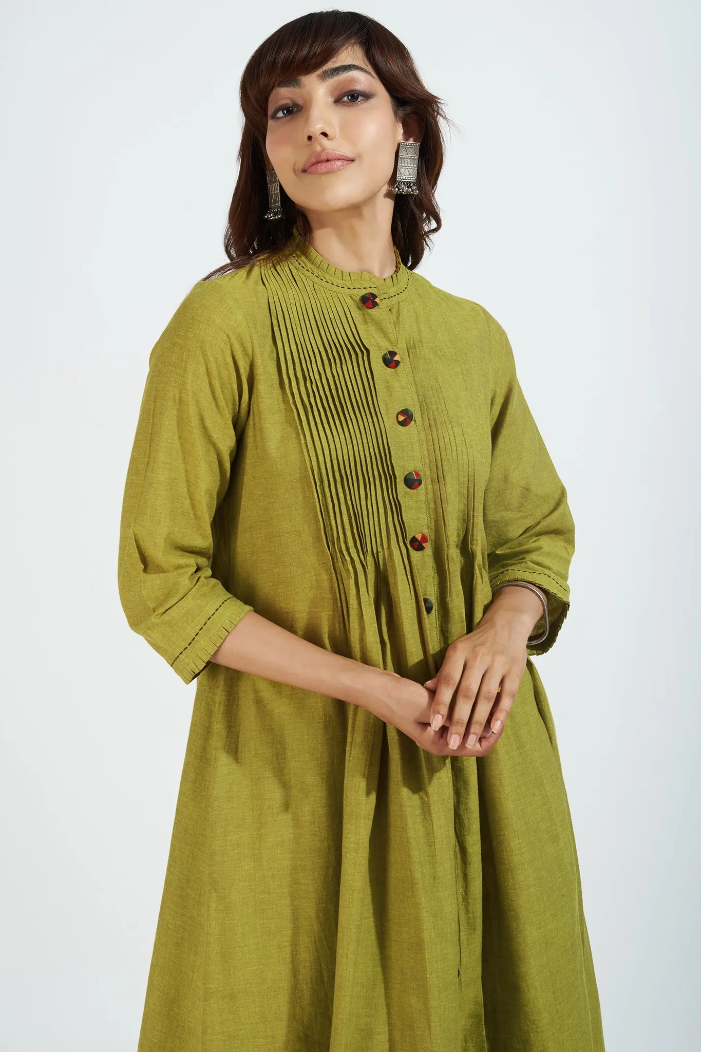 pleated neck pintuck dress - lime zest & chartreuse summer