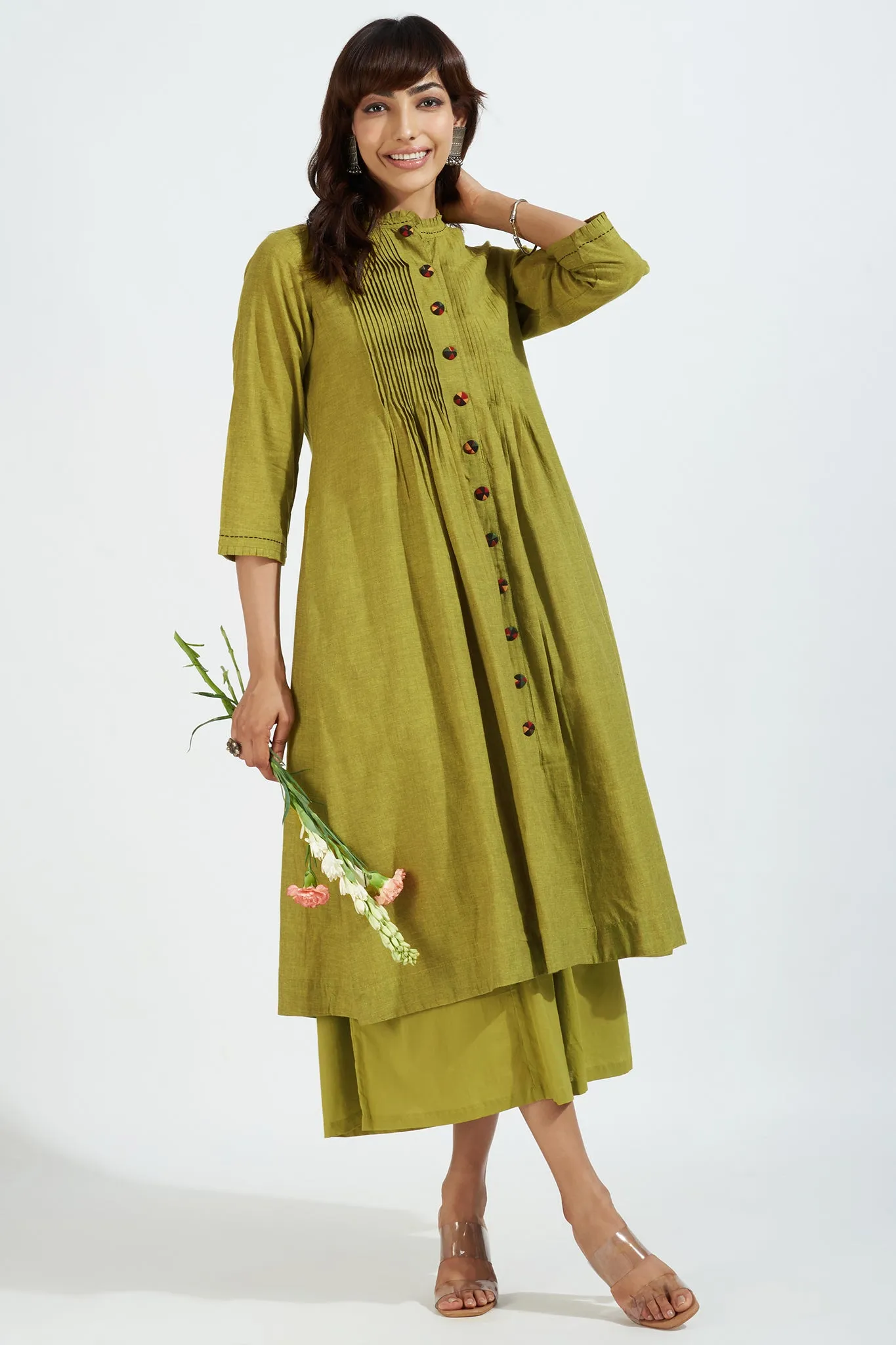 pleated neck pintuck dress - lime zest & chartreuse summer