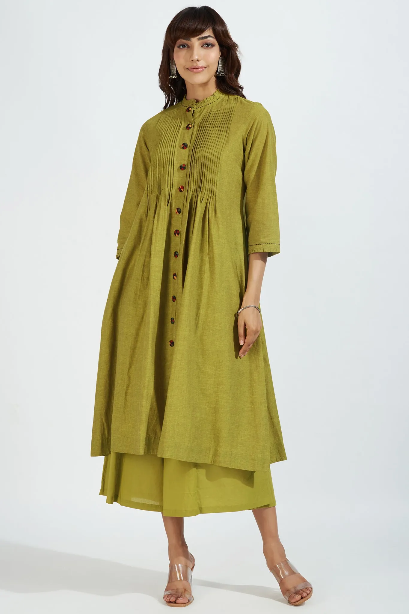 pleated neck pintuck dress - lime zest & chartreuse summer