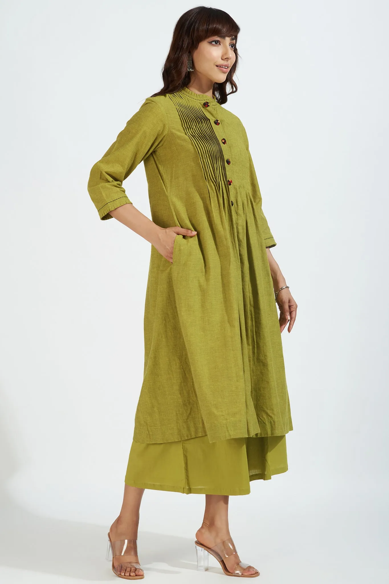 pleated neck pintuck dress - lime zest & chartreuse summer