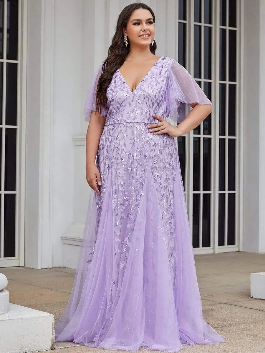 Plus Size Shimmery V Neck Evening Gowns with Ruffles Sleeves