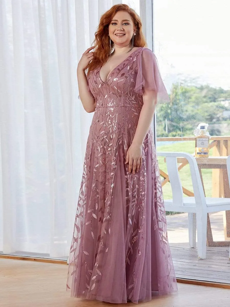 Plus Size Shimmery V Neck Evening Gowns with Ruffles Sleeves