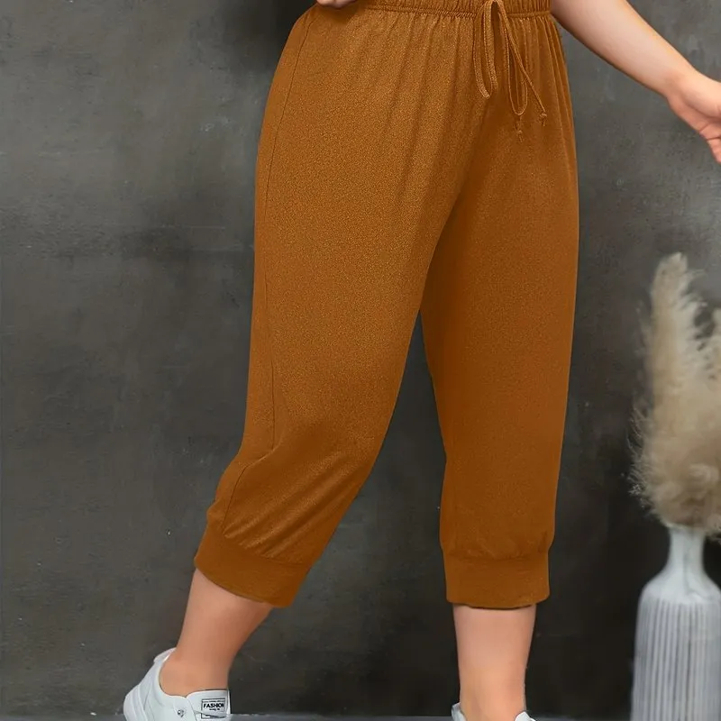 Plus Size Solid Drawstring Capri Pants - Effortless Comfort for Sunny Days