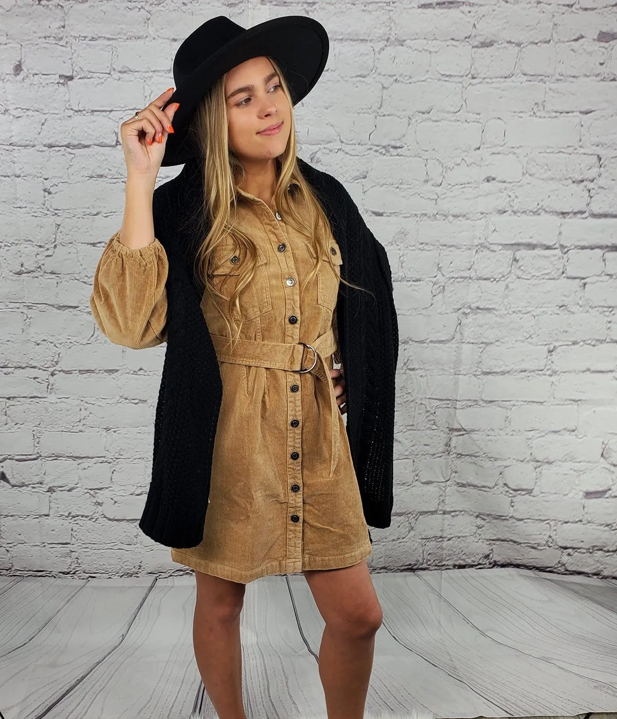 Puffed sleeves front-button flap pockets corduroy mini shirtdress