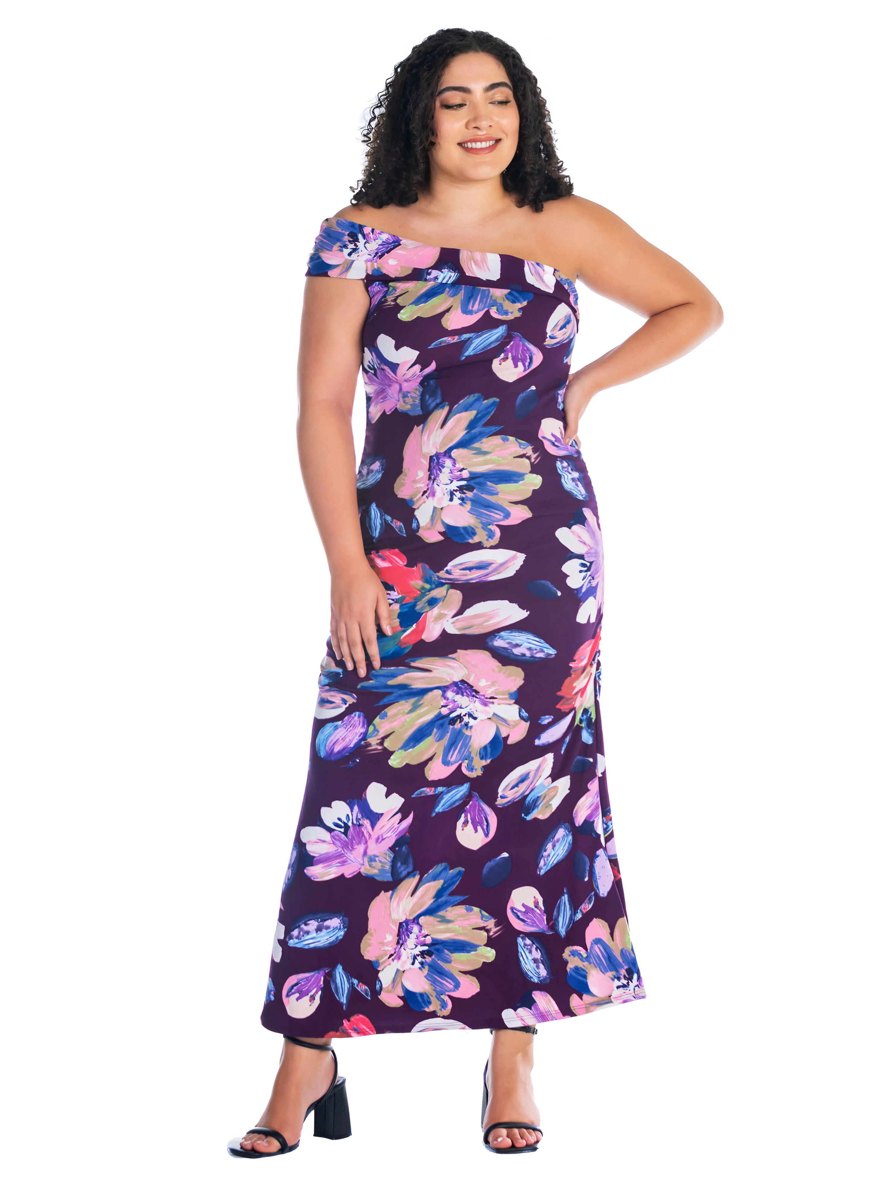 Purple Floral One Shoulder Rouched Mermaid Plus Size Maxi Dress