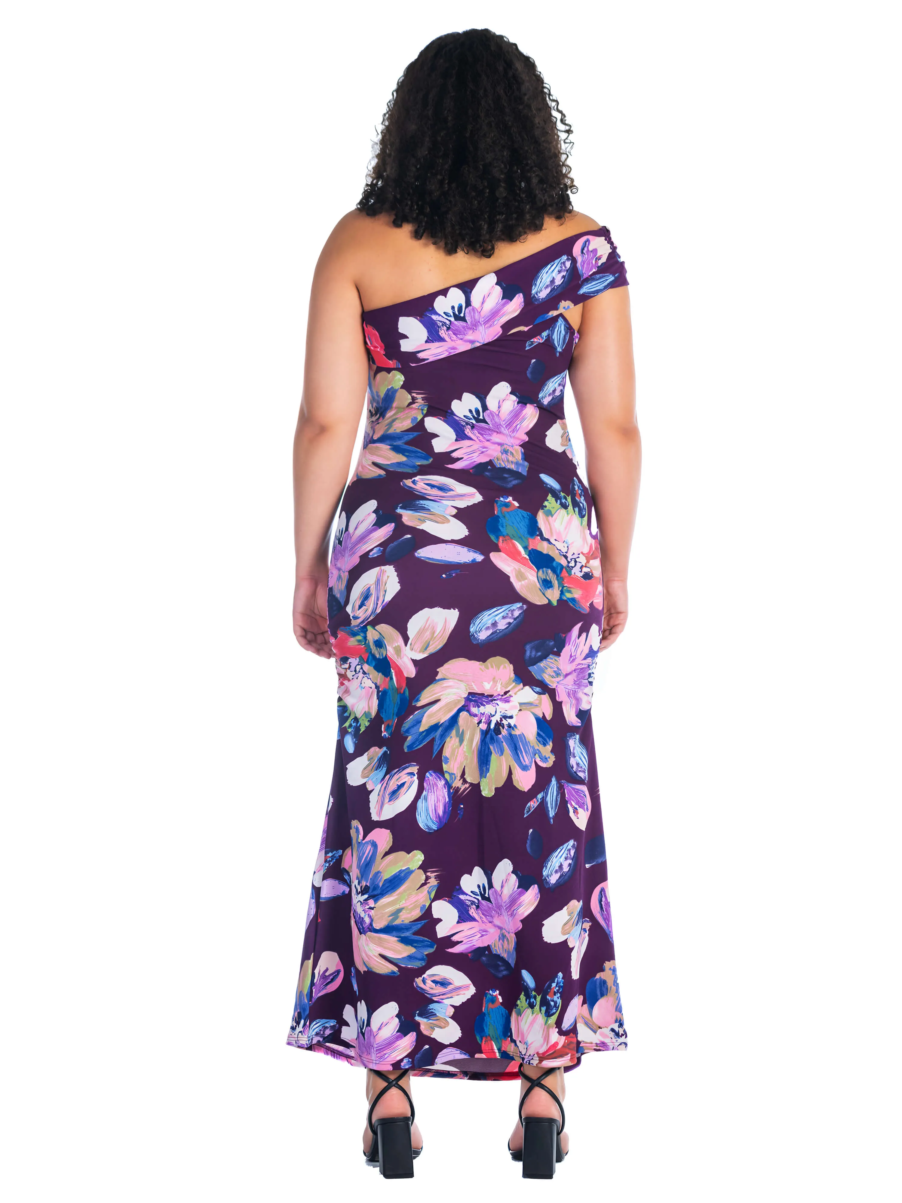 Purple Floral One Shoulder Rouched Mermaid Plus Size Maxi Dress