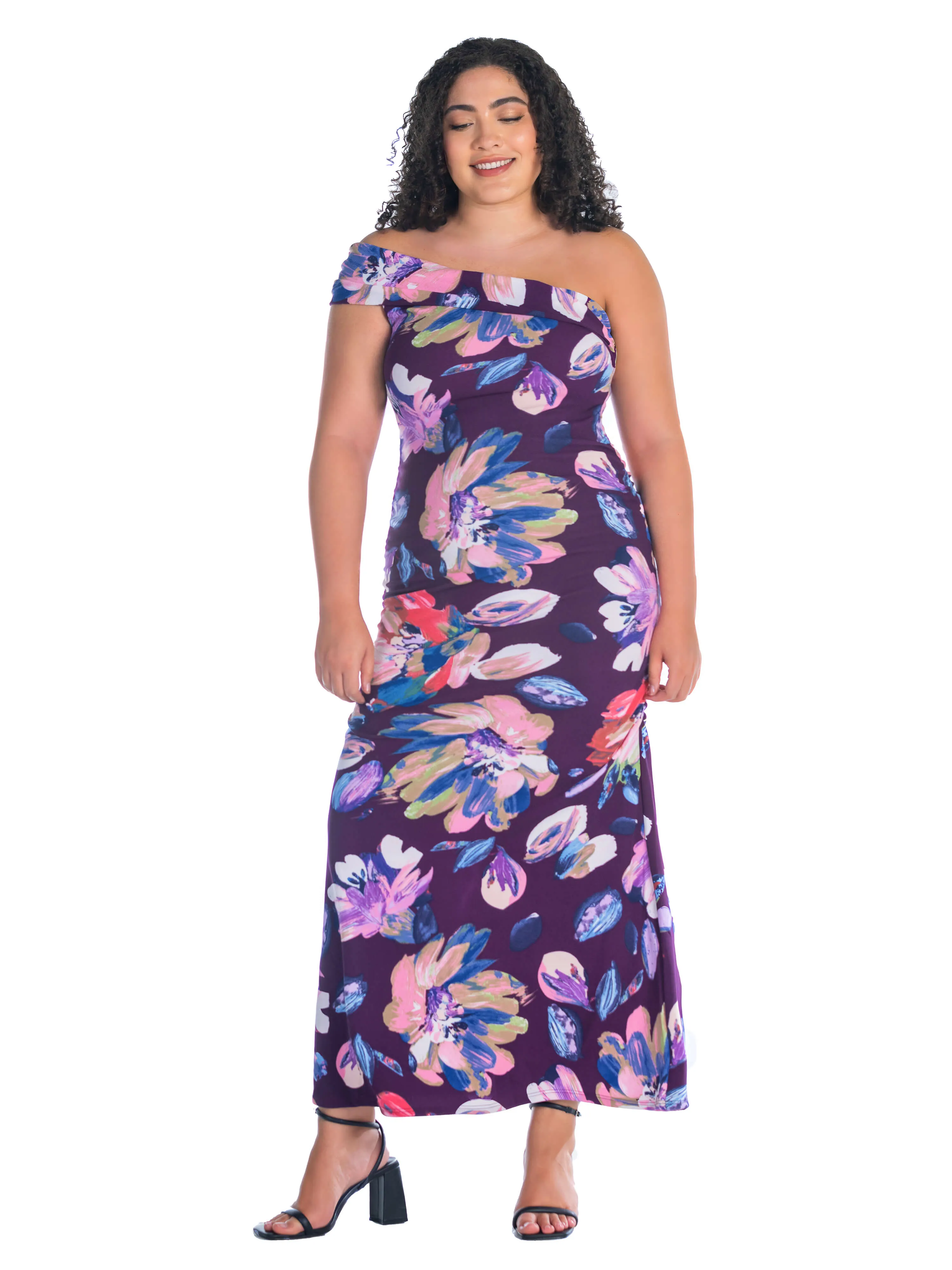 Purple Floral One Shoulder Rouched Mermaid Plus Size Maxi Dress