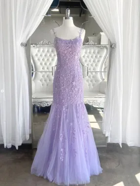 Purple tulle lace mermaid long prom dress purple lace evening dress