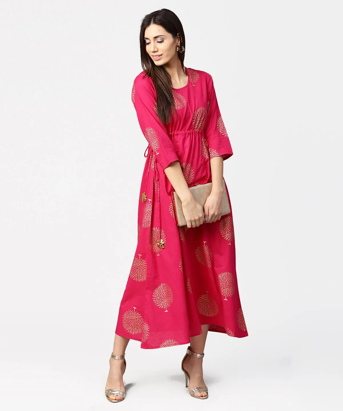 Red 3/4Th Sleeve Cotton Maxi Dress With Elastic At West & Latkan