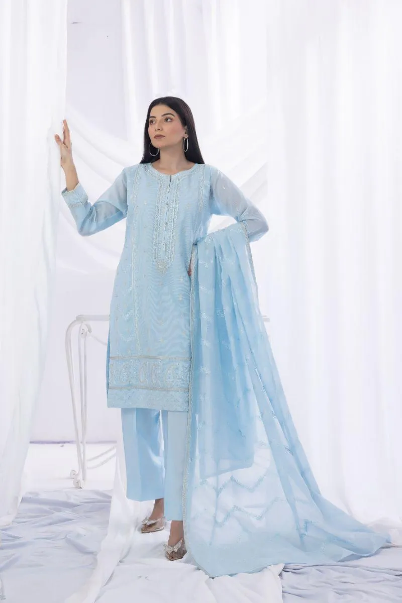 Sadia Aamir - Falak - Baby Blue - Khaddi Net - 3 Piece