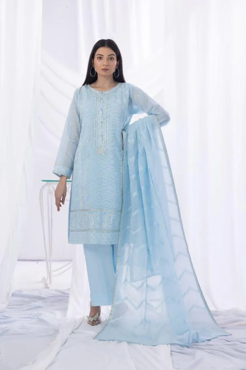 Sadia Aamir - Falak - Baby Blue - Khaddi Net - 3 Piece