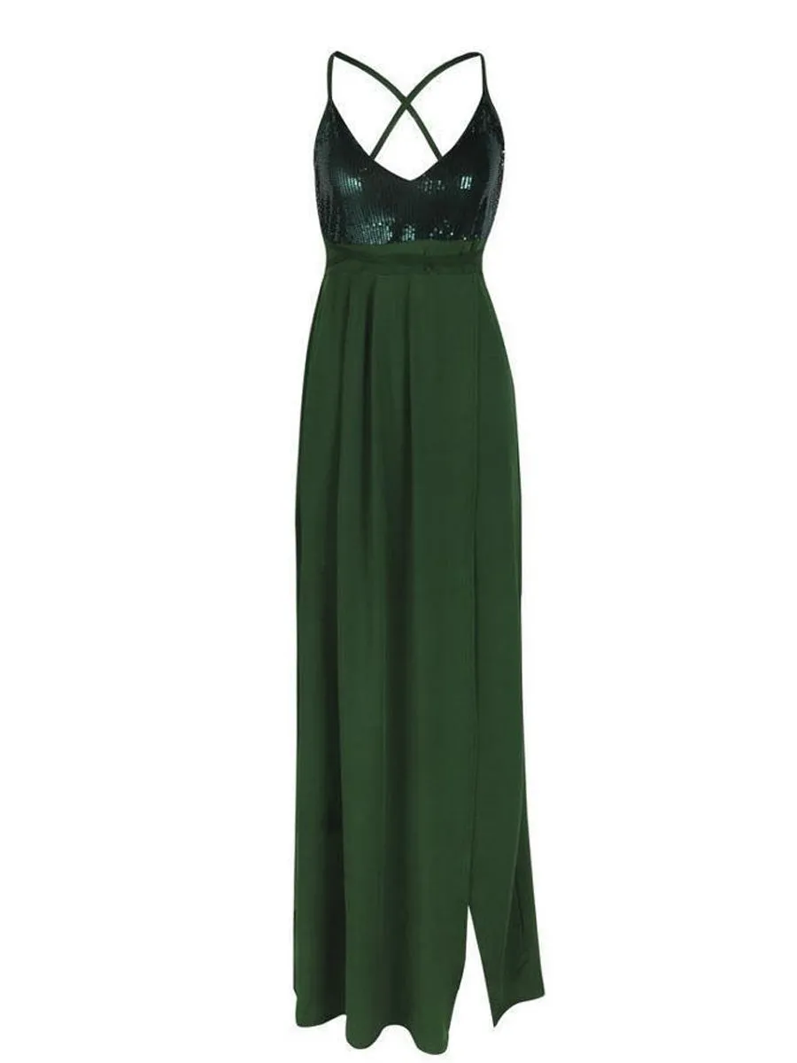 Sequins High Slit Self-tie Backless Maxi Dress