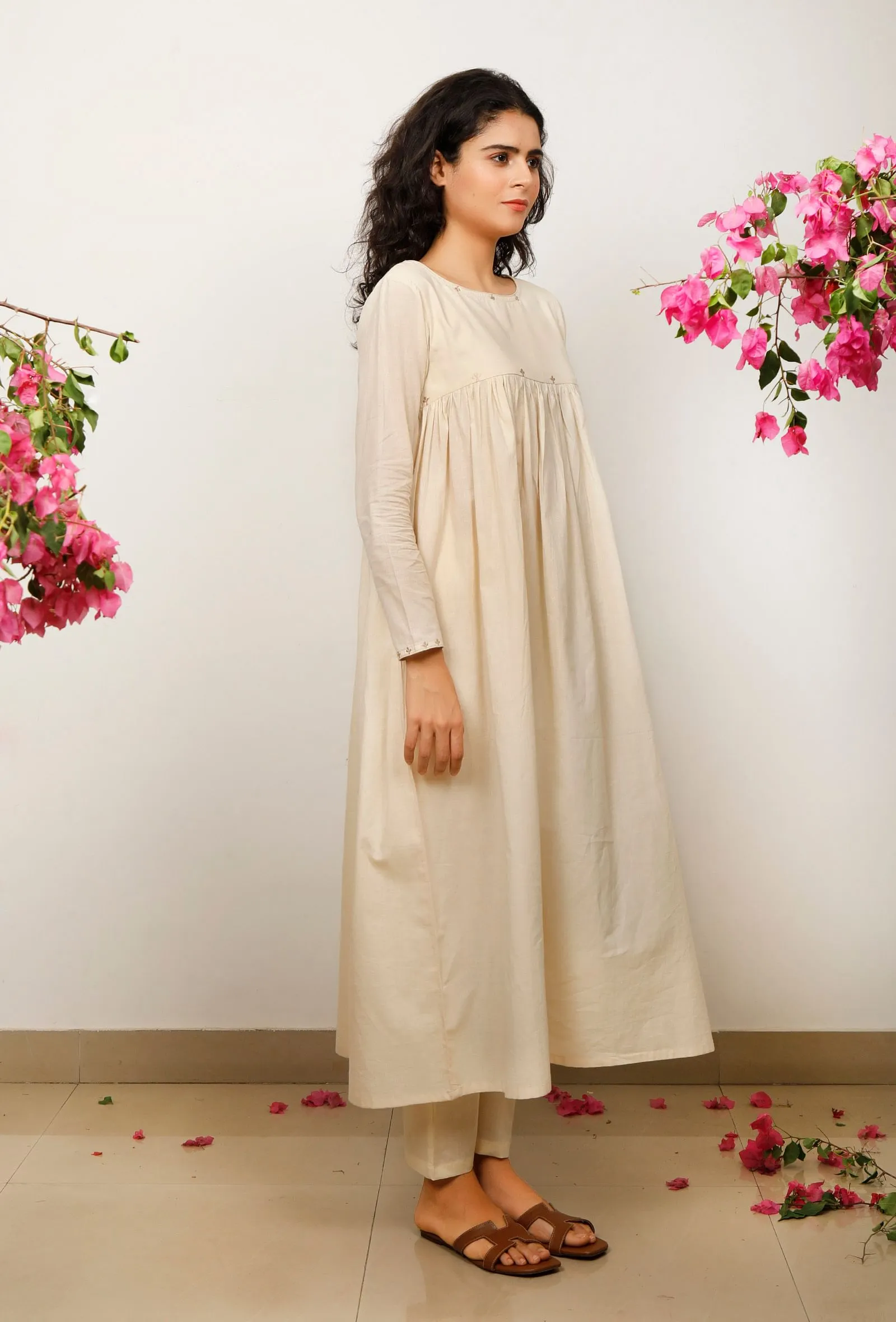 Set of 2: Beige Gathered flared Cotton embroidery detailing Kurta with Beige Cotton straight Pants