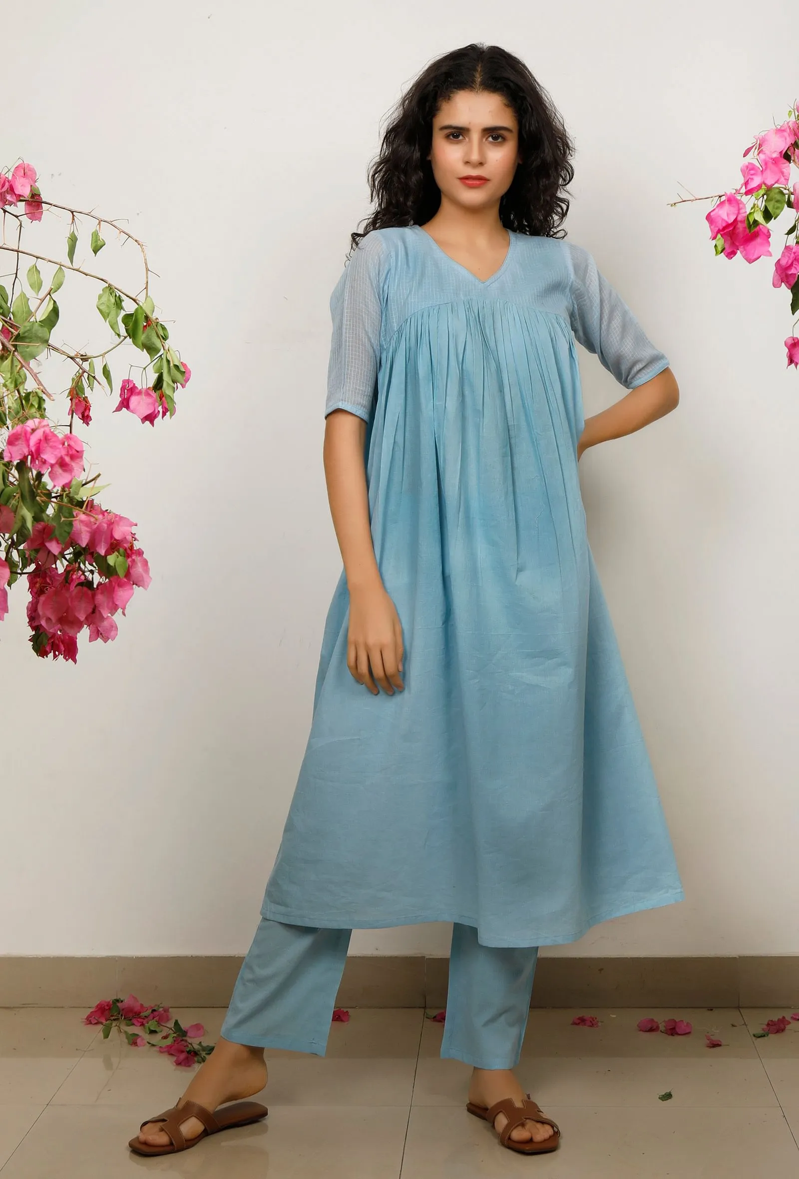 Set of 2: Blue Kota Cotton Gathered Kurta with Blue straight Cotton Pants