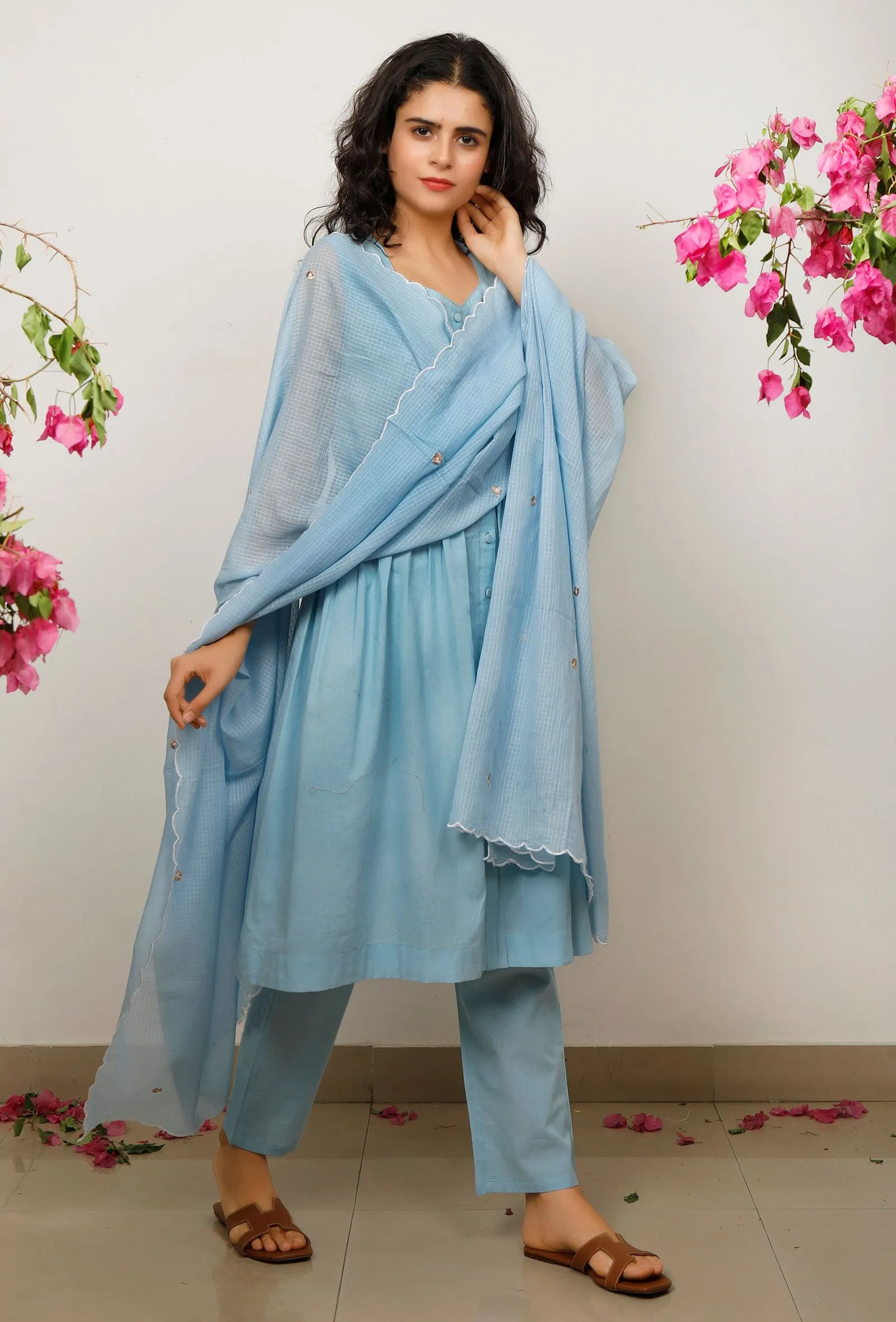 Set of 3: Blue sleeveless Gathered Cotton Kurta with Blue Kota Dupatta and Blue Cotton straight Pants