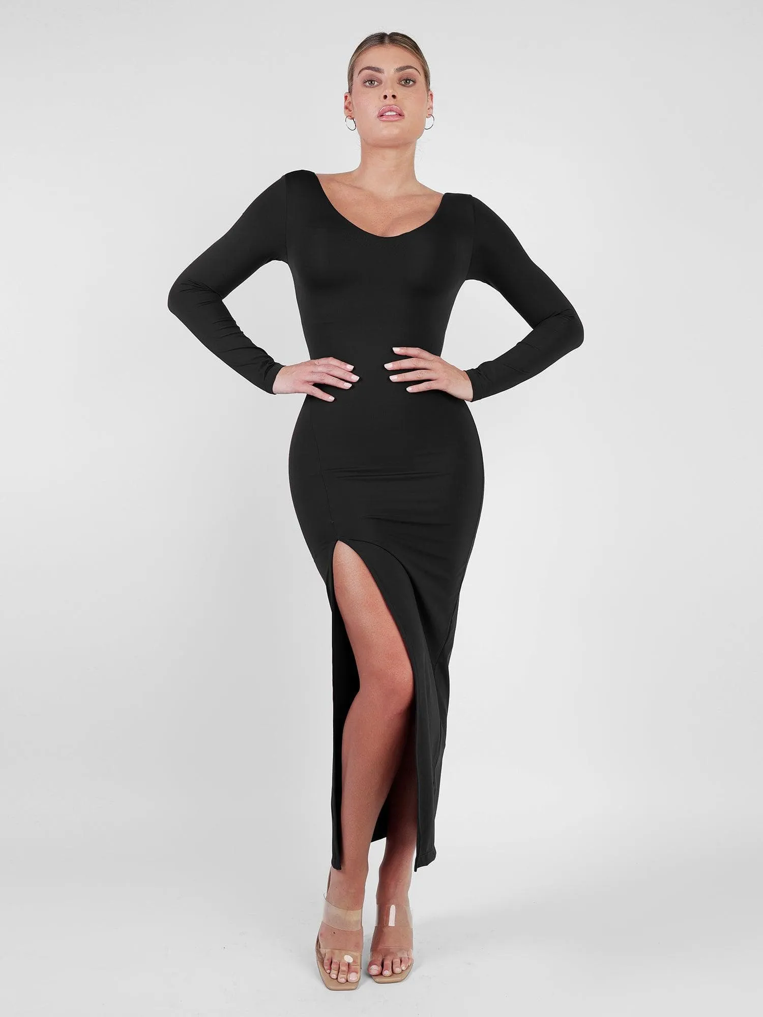 Shapewear Long Sleeve V-Neck Low Back Slimming Maxi Dress